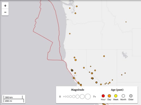 An April 10, 2017 map shows magnitudes of earthquakes in the western U.S. during the preceding week.
